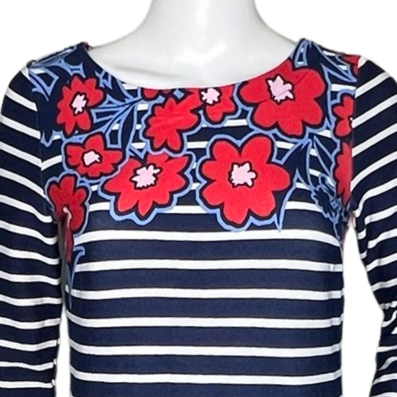 Talbots Dress Womens XS Petite Navy Blue White Striped Floral Sheath Work Casual - Picture 5 of 8